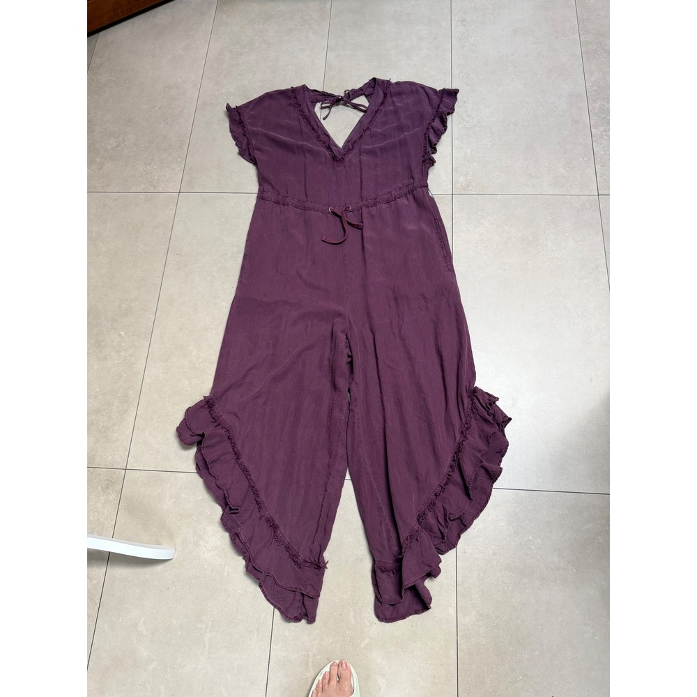 FP Movement Shelter Ruffle Jumpsuit XL Purple Lyocell V-Neck Drawstring Flowy